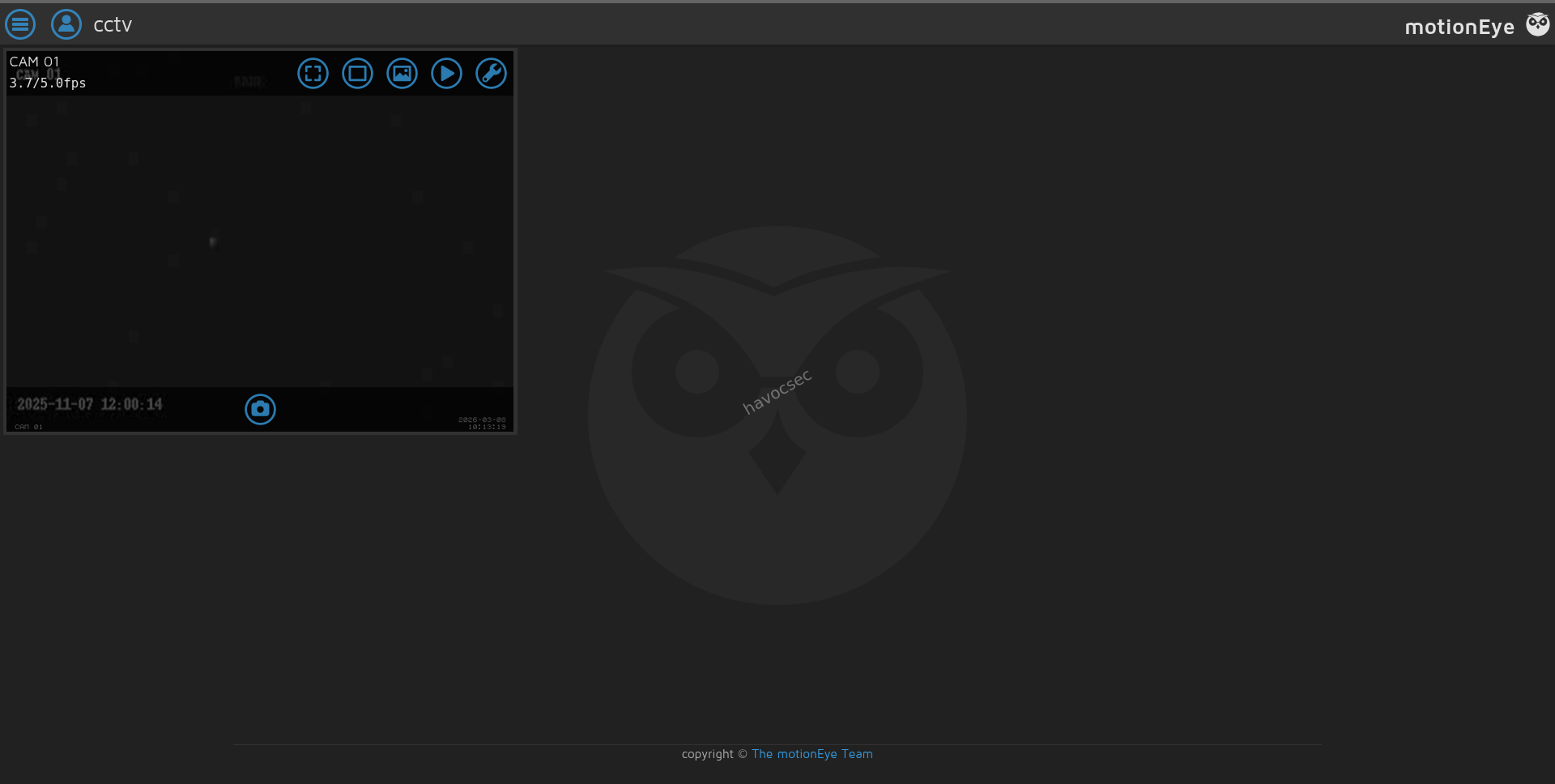 MotionEye dashboard after successful login on CCTV HackTheBox machine