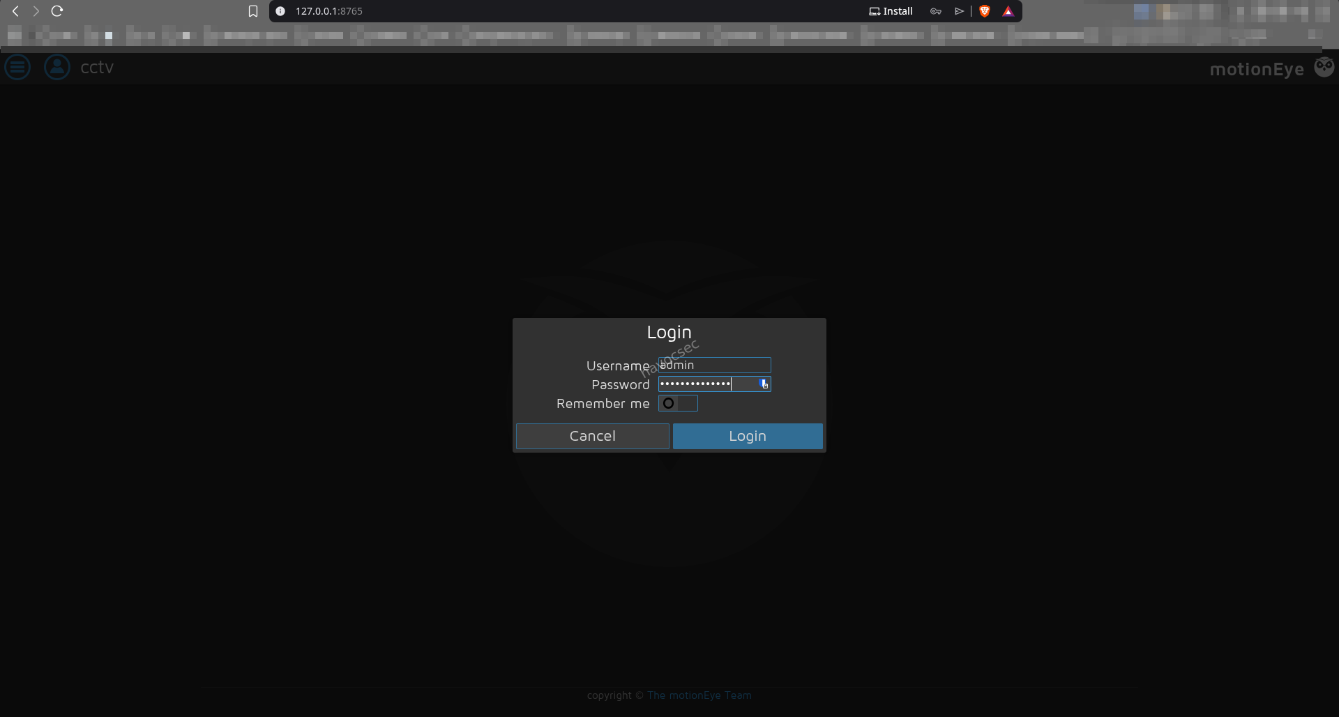 MotionEye login page accessible via SSH port forwarding on CCTV HackTheBox