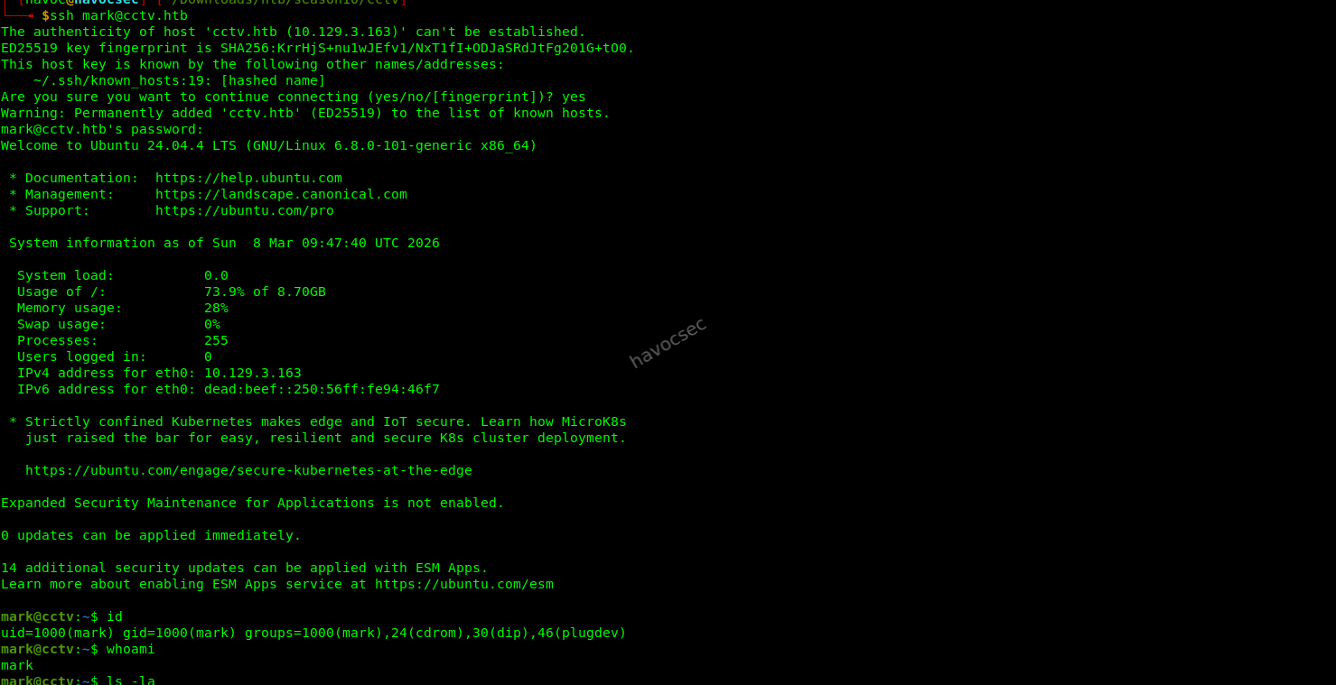 SSH login to CCTV HackTheBox machine as user mark