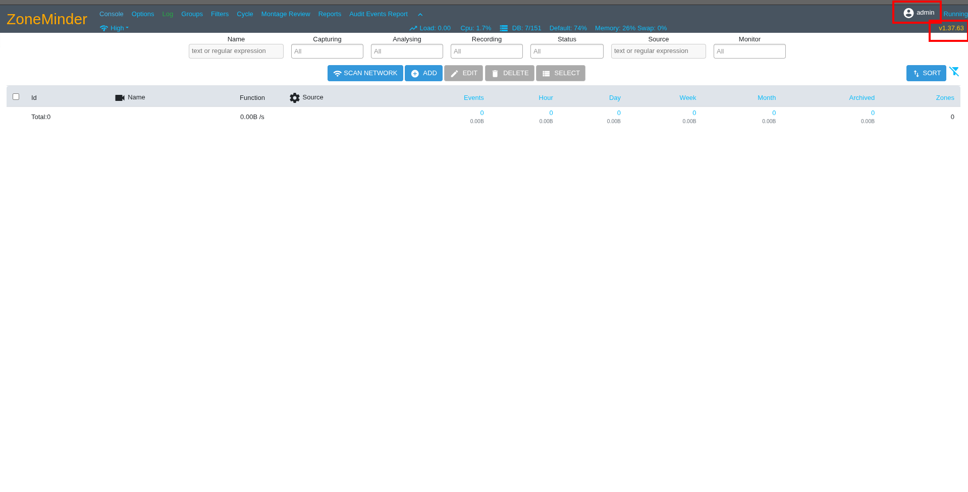 Successfully logged into ZoneMinder with default admin credentials